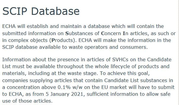 Data base of hazardous chemicals in articles